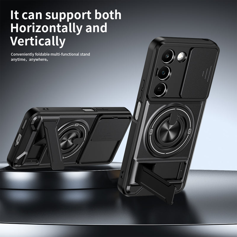 Luxury Slide Camera Lens Cover Case for OPPO Realme C83 5G, Built-in Ring Stand and Folding Stand Magnetic Protective Case