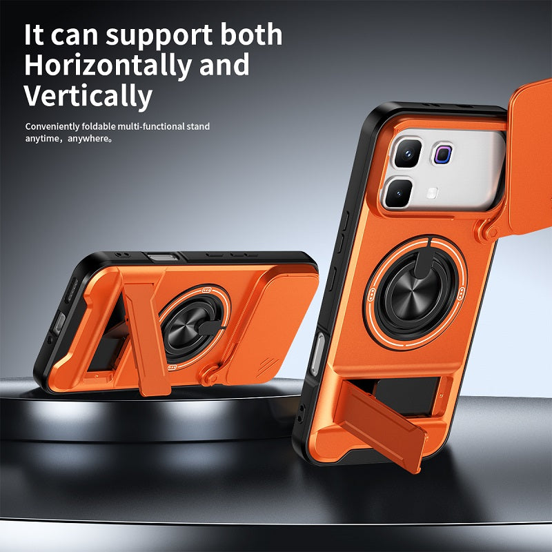 Luxury Slide Camera Lens Cover Case for Infinix Note 60 Pro 5G, Built-in Ring Stand and Folding Stand Magnetic Protective Case