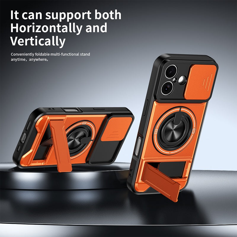 Luxury Slide Camera Lens Cover Case for iPhone 17, Built-in Ring Stand and Folding Stand Magnetic Protective Case