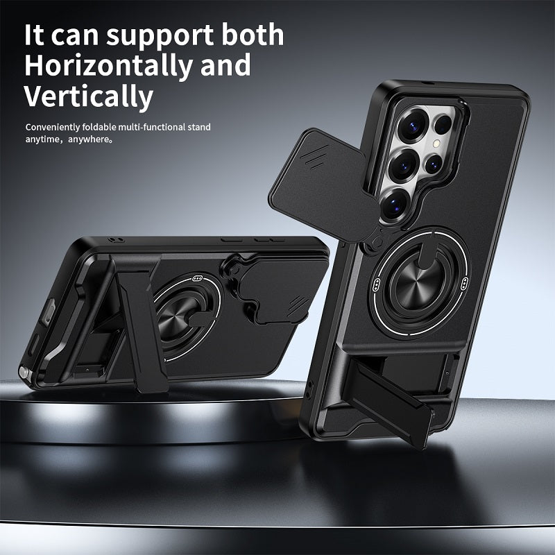 Luxury Slide Camera Lens Cover Case for Samsung Galaxy S26 Ultra, Built-in Ring Stand and Folding Stand Magnetic Protective Case