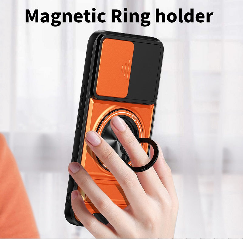 Luxury Slide Camera Lens Cover Case for Infinix Note Edge 5G, Built-in Ring Stand and Folding Stand Magnetic Protective Case
