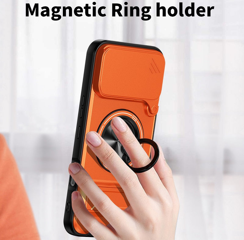 Luxury Slide Camera Lens Cover Case for Infinix Note 60 Pro 5G, Built-in Ring Stand and Folding Stand Magnetic Protective Case