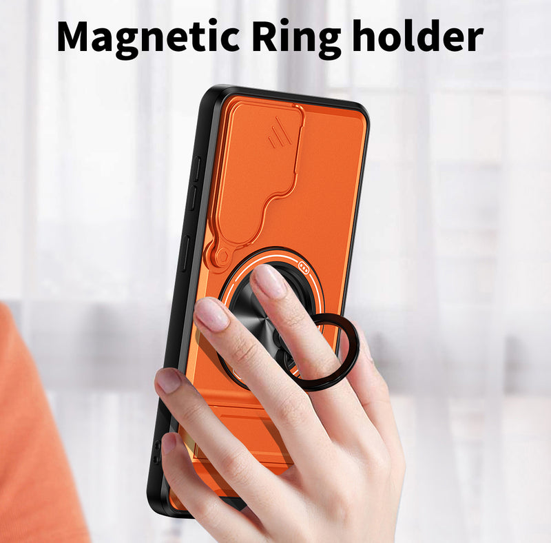 Luxury Slide Camera Lens Cover Case for Samsung Galaxy S26 Plus, Built-in Ring Stand and Folding Stand Magnetic Protective Case