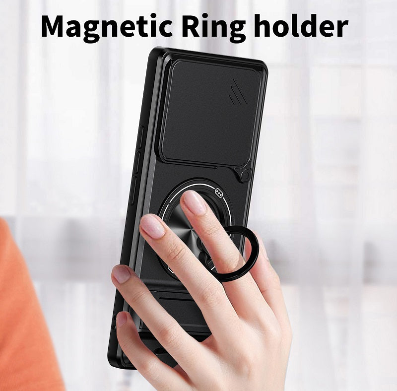 Luxury Slide Camera Lens Cover Case for Infinix Note 40 Pro 5G/4G, Built-in Ring Stand and Folding Stand Magnetic Protective Case