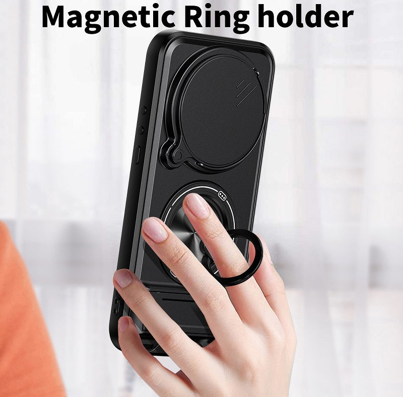 Luxury Slide Camera Lens Cover Case for Xiaomi 17 Ultra 5G, Built-in Ring Stand and Folding Stand Magnetic Protective Case