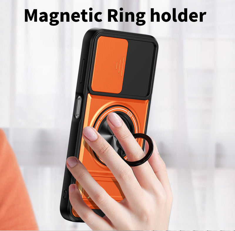 Luxury Slide Camera Lens Cover Case for Samsung Galaxy A14 5G/4G, Built-in Ring Stand and Folding Stand Magnetic Protective Case