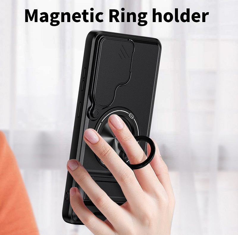 Luxury Slide Camera Lens Cover Case for Samsung Galaxy S26 Ultra, Built-in Ring Stand and Folding Stand Magnetic Protective Case