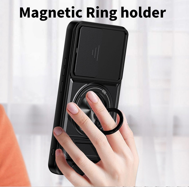 Luxury Slide Camera Lens Cover Case for OPPO Realme C85 Pro 5G, Built-in Ring Stand and Folding Stand Magnetic Protective Case