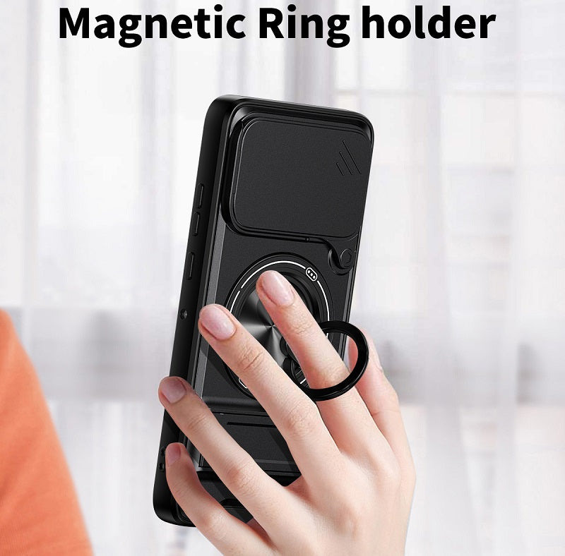 Luxury Slide Camera Lens Cover Case for Motorola Edge 50 Neo 5G, Built-in Ring Stand and Folding Stand Magnetic Protective Case