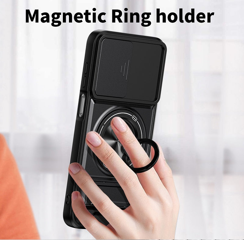 Luxury Slide Camera Lens Cover Case for Samsung Galaxy A16 5G/4G, Built-in Ring Stand and Folding Stand Magnetic Protective Case