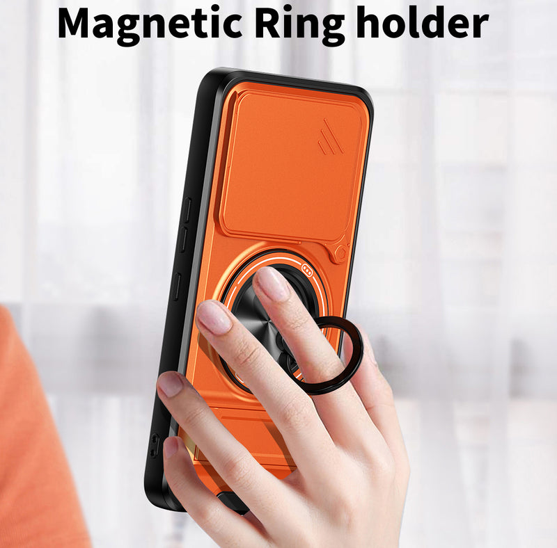Luxury Slide Camera Lens Cover Case for Tecno Pova 7 Ultra 5G, Built-in Ring Stand and Folding Stand Magnetic Protective Case