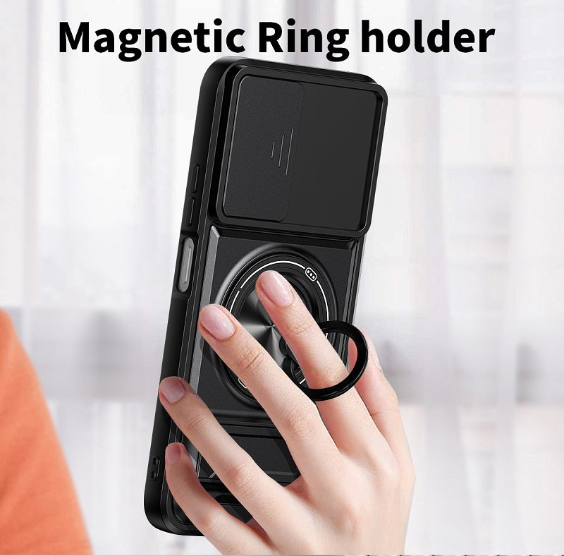 Luxury Slide Camera Lens Cover Case for Xiaomi Redmi A7 Pro 4G, Built-in Ring Stand and Folding Stand Magnetic Protective Case