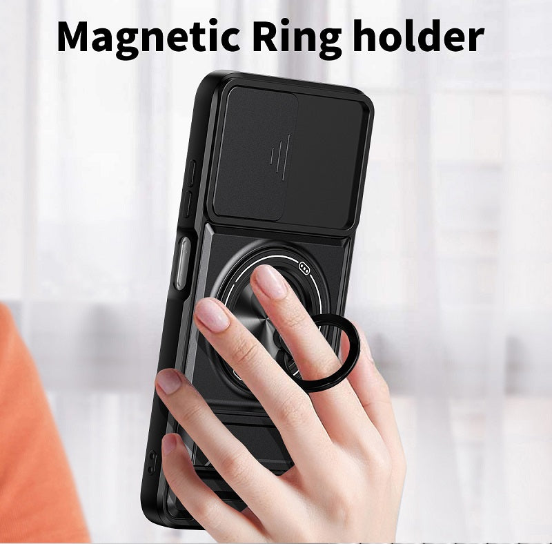 Luxury Slide Camera Lens Cover Case for Samsung Galaxy A05S 4G, Built-in Ring Stand and Folding Stand Magnetic Protective Case