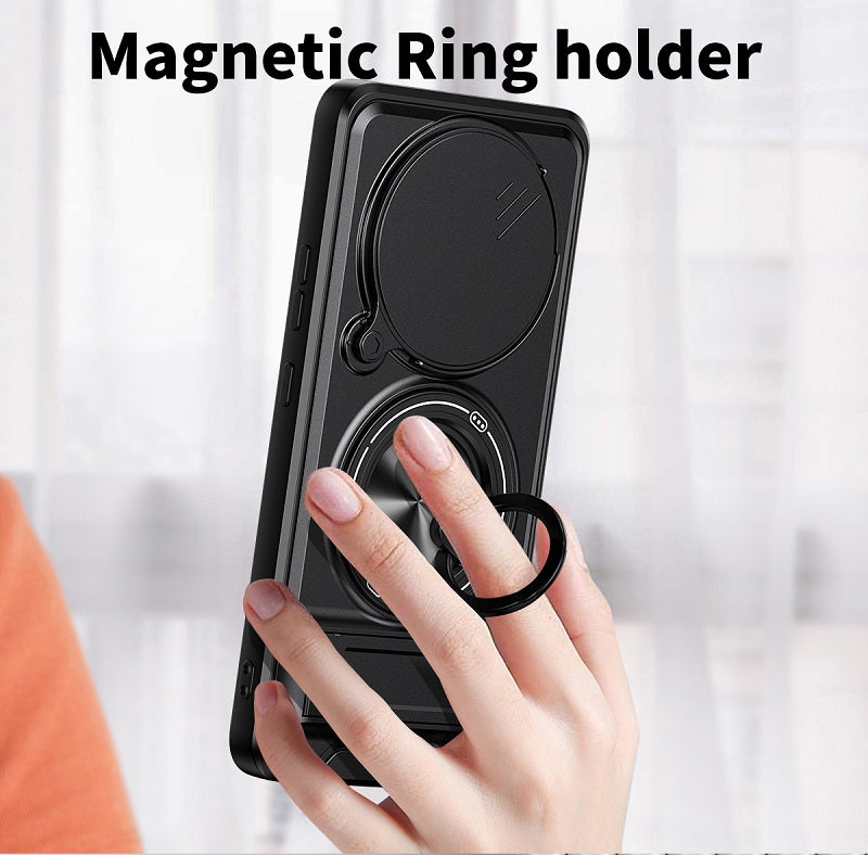 Luxury Slide Camera Lens Cover Case for OPPO F31 Pro+/OPPO A6 GT, Built-in Ring Stand and Folding Stand Magnetic Protective Case