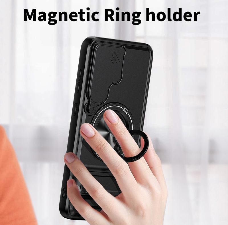 Luxury Slide Camera Lens Cover Case for Samsung Galaxy S24 FE, Built-in Ring Stand and Folding Stand Magnetic Protective Case