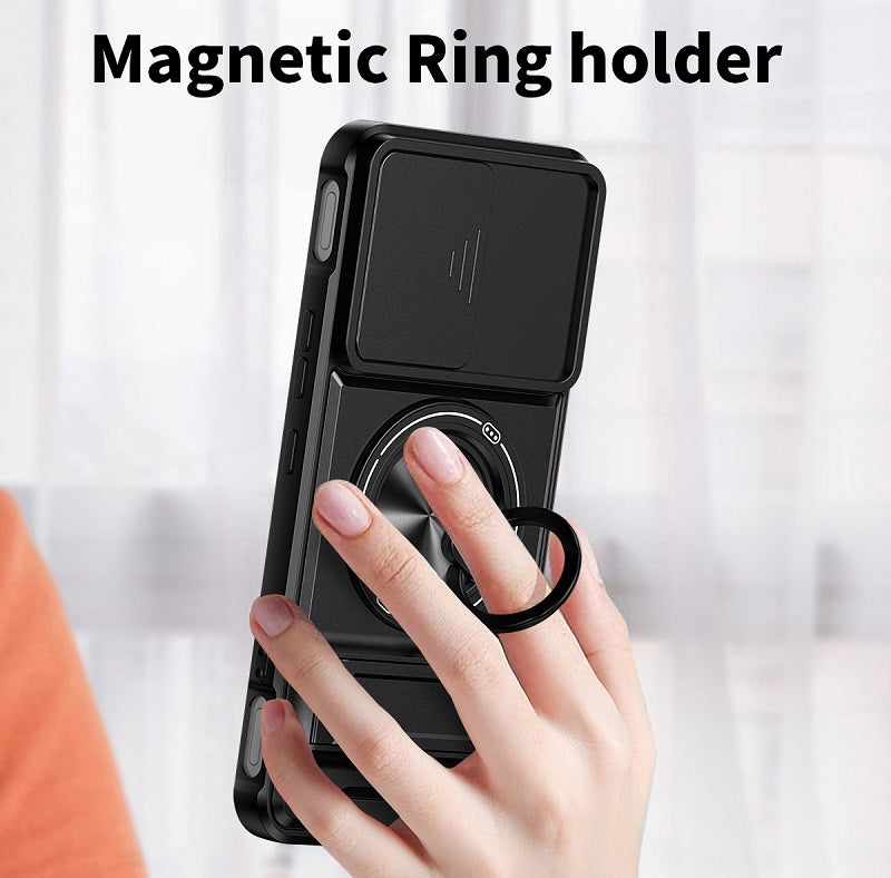 Luxury Slide Camera Lens Cover Case for Infinix GT 30 Pro 5G, Built-in Ring Stand and Folding Stand Magnetic Protective Case