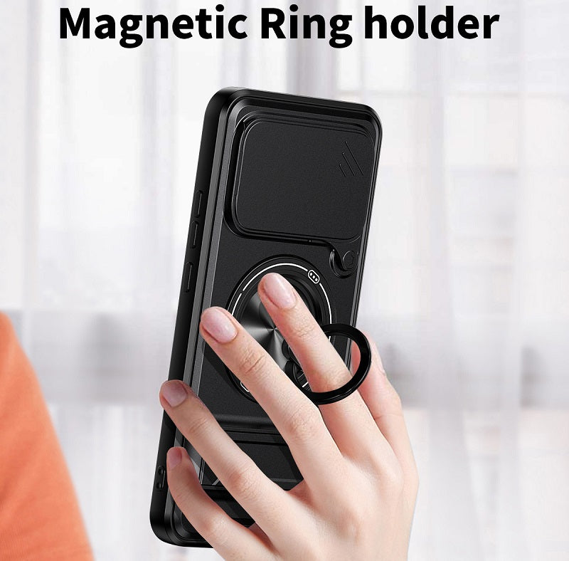 Luxury Slide Camera Lens Cover Case for OPPO Reno 13 Pro 5G, Built-in Ring Stand and Folding Stand Magnetic Protective Case