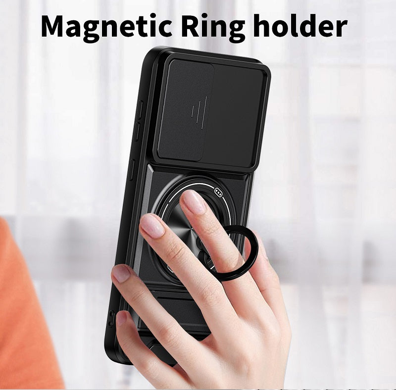 Luxury Slide Camera Lens Cover Case for Samsung Galaxy A56 5G, Built-in Ring Stand and Folding Stand Magnetic Protective Case