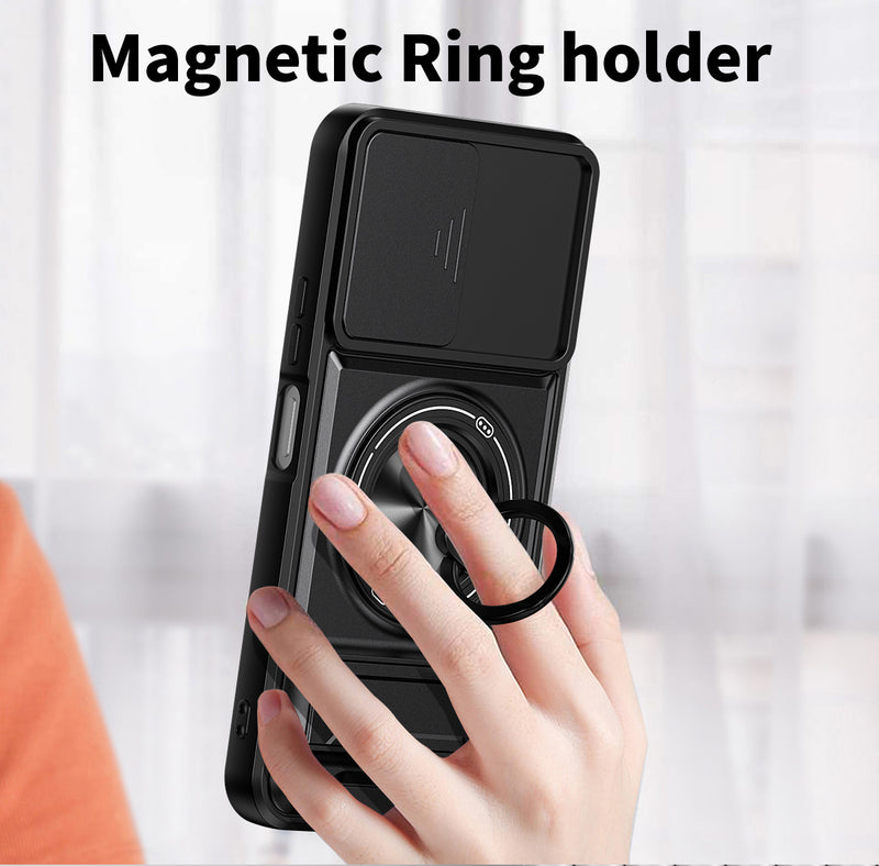 Luxury Slide Camera Lens Cover Case for OPPO A6X 5G/4G, Built-in Ring Stand and Folding Stand Magnetic Protective Case