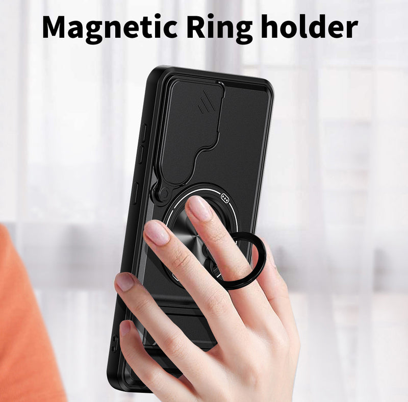 Luxury Slide Camera Lens Cover Case for Samsung Galaxy S25 FE, Built-in Ring Stand and Folding Stand Magnetic Protective Case
