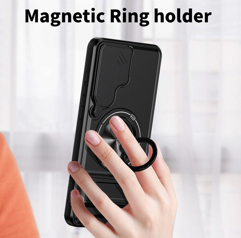 Luxury Slide Camera Lens Cover Case for Samsung Galaxy S25 Plus, Built-in Ring Stand and Folding Stand Magnetic Protective Case