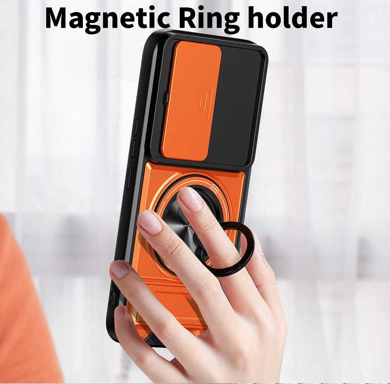 Luxury Slide Camera Lens Cover Case for Tecno Camon 50 Pro 4G, Built-in Ring Stand and Folding Stand Magnetic Protective Case