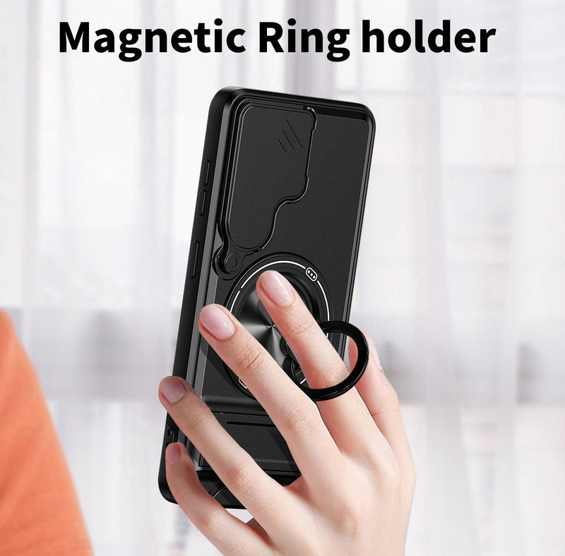 Luxury Slide Camera Lens Cover Case for Samsung Galaxy S26, Built-in Ring Stand and Folding Stand Magnetic Protective Case