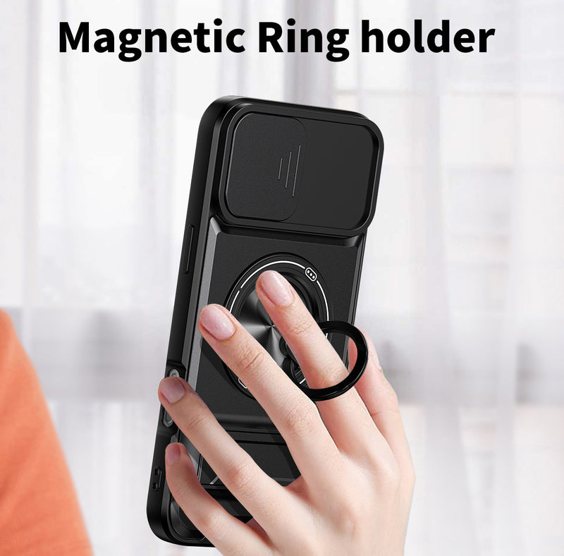 Luxury Slide Camera Lens Cover Case for iPhone 15 Pro, Built-in Ring Stand and Folding Stand Magnetic Protective Case