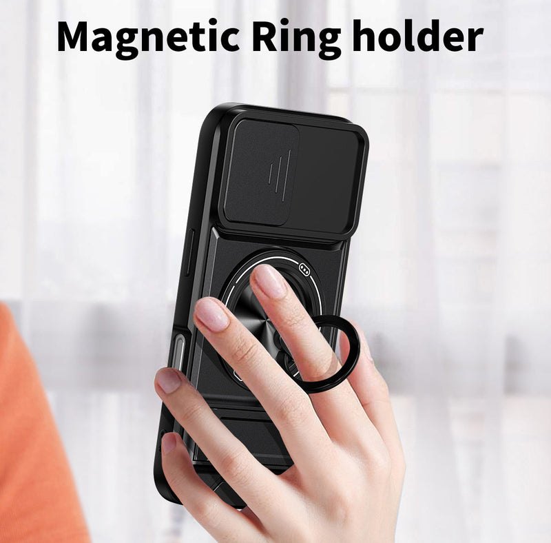 Luxury Slide Camera Lens Cover Case for iPhone 16, Built-in Ring Stand and Folding Stand Magnetic Protective Case