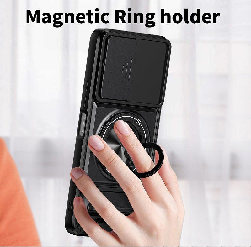 Luxury Slide Camera Lens Cover Case for Tecno Spark Go 3, Built-in Ring Stand and Folding Stand Magnetic Protective Case