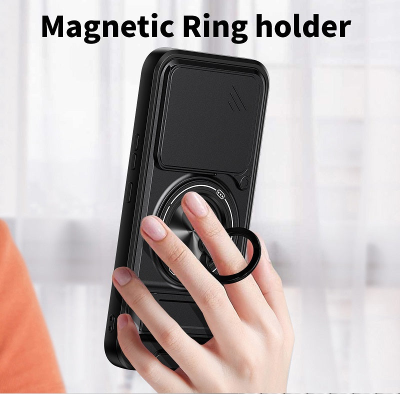 Luxury Slide Camera Lens Cover Case for OPPO Realme 16 Pro 5G, Built-in Ring Stand and Folding Stand Magnetic Protective Case