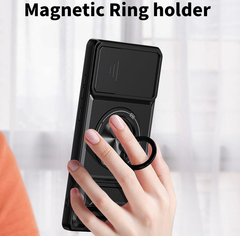 Luxury Slide Camera Lens Cover Case for Samsung Galaxy Note 20, Built-in Ring Stand and Folding Stand Magnetic Protective Case