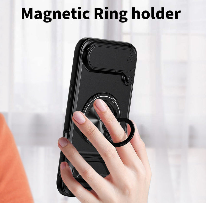 Luxury Slide Camera Lens Cover Case for iPhone 17 Air, Built-in Ring Stand and Folding Stand Magnetic Protective Case