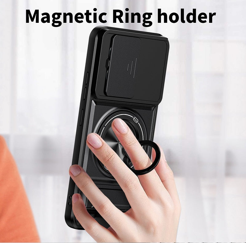 Luxury Slide Camera Lens Cover Case for Tecno Spark 30 Pro 4G, Built-in Ring Stand and Folding Stand Magnetic Protective Case