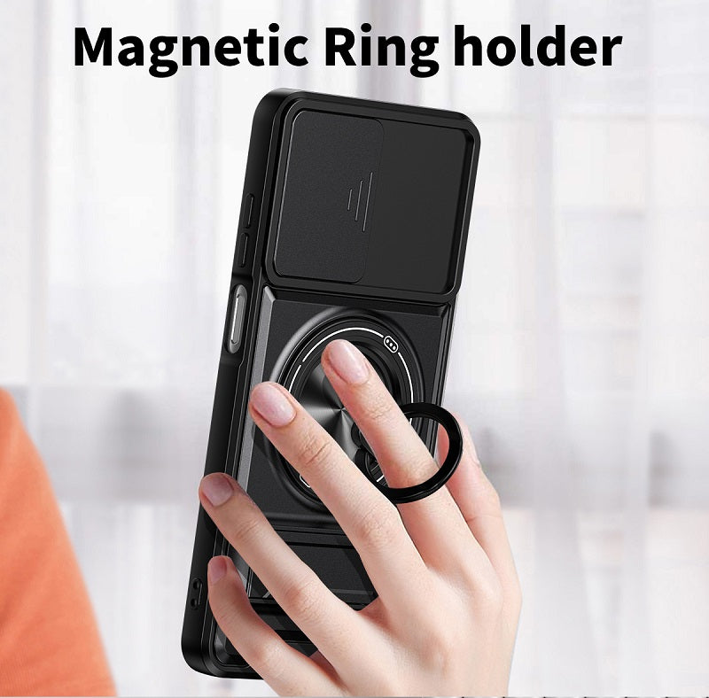 Luxury Slide Camera Lens Cover Case for Samsung Galaxy A06 5G/4G, Built-in Ring Stand and Folding Stand Magnetic Protective Case