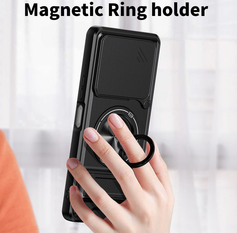 Luxury Slide Camera Lens Cover Case for Tecno Pova 7 5G, Built-in Ring Stand and Folding Stand Magnetic Protective Case
