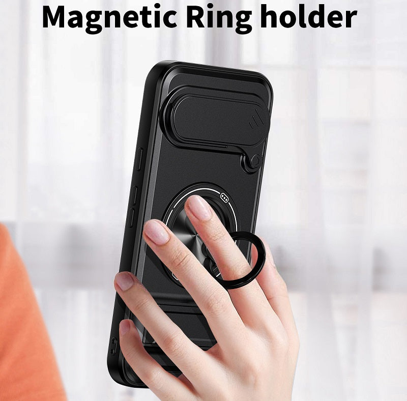 Luxury Slide Camera Lens Cover Case for Google Pixel 9 Pro XL, Built-in Ring Stand and Folding Stand Magnetic Protective Case