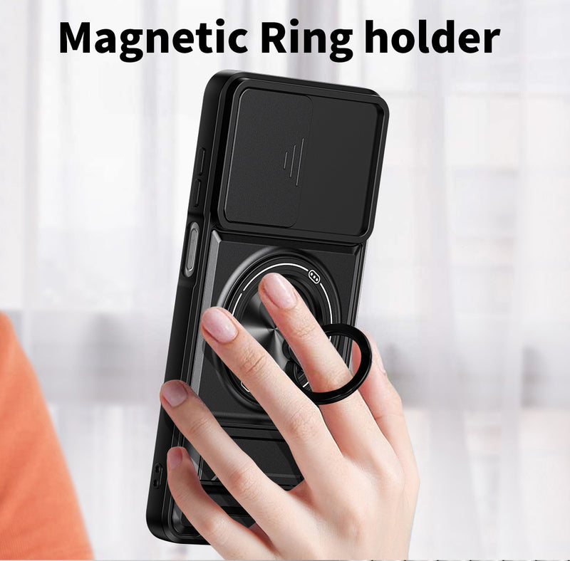 Luxury Slide Camera Lens Cover Case for Samsung Galaxy A07 4G, Built-in Ring Stand and Folding Stand Magnetic Protective Case