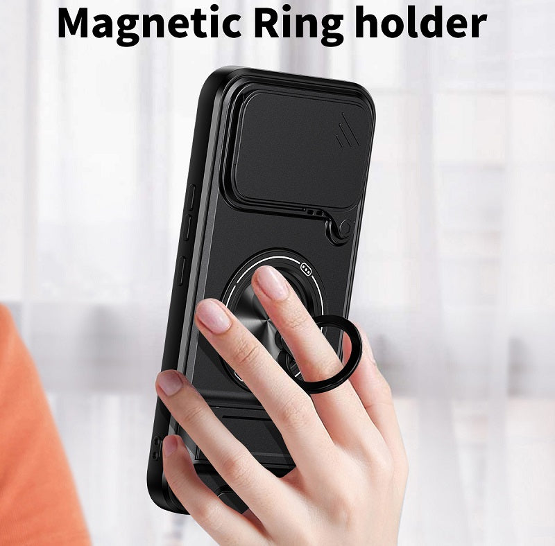 Luxury Slide Camera Lens Cover Case for Xiaomi Poco F8 Ultra, Built-in Ring Stand and Folding Stand Magnetic Protective Case