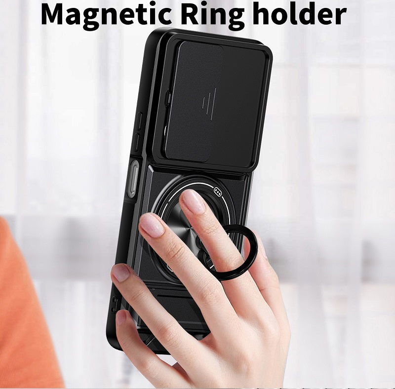 Luxury Slide Camera Lens Cover Case for Infinix Note 50X 5G, Built-in Ring Stand and Folding Stand Magnetic Protective Case