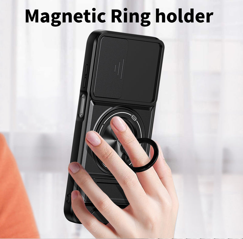 Luxury Slide Camera Lens Cover Case for Samsung Galaxy A25 5G, Built-in Ring Stand and Folding Stand Magnetic Protective Case