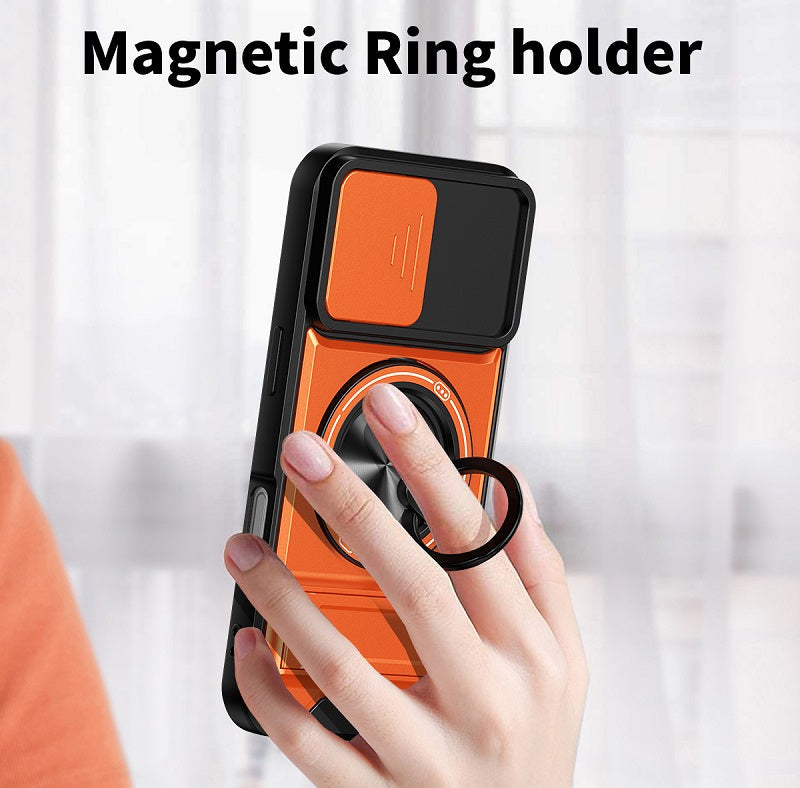 Luxury Slide Camera Lens Cover Case for iPhone 17, Built-in Ring Stand and Folding Stand Magnetic Protective Case