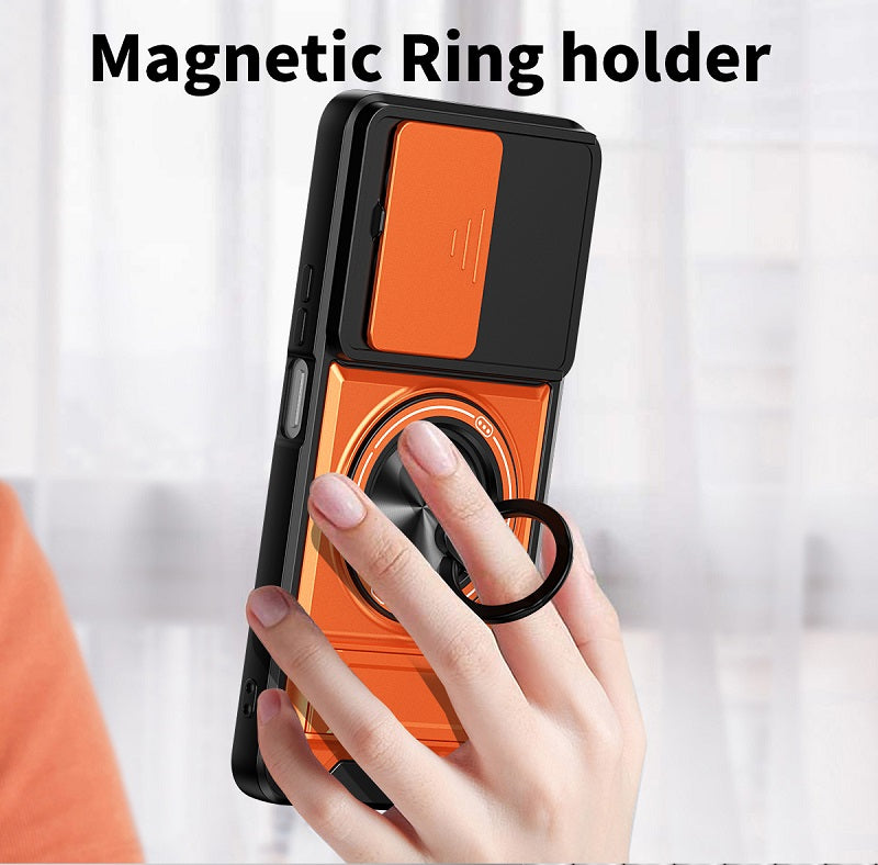 Luxury Slide Camera Lens Cover Case for Honor X8D, Built-in Ring Stand and Folding Stand Magnetic Protective Case