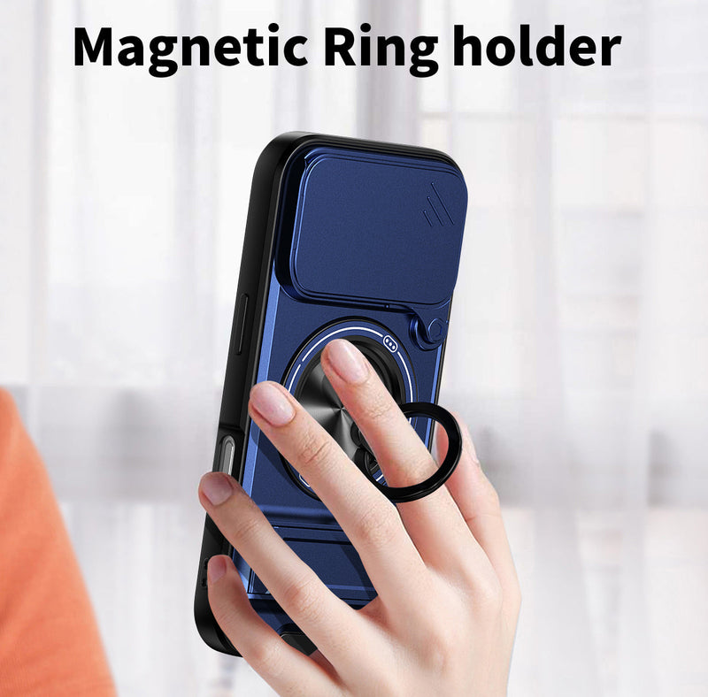 Luxury Slide Camera Lens Cover Case for iPhone 17 Pro, Built-in Ring Stand and Folding Stand Magnetic Protective Case