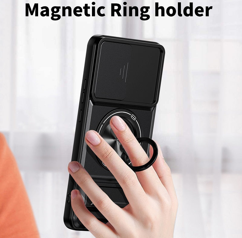 Luxury Slide Camera Lens Cover Case for OPPO Reno 14 Pro 5G, Built-in Ring Stand and Folding Stand Magnetic Protective Case