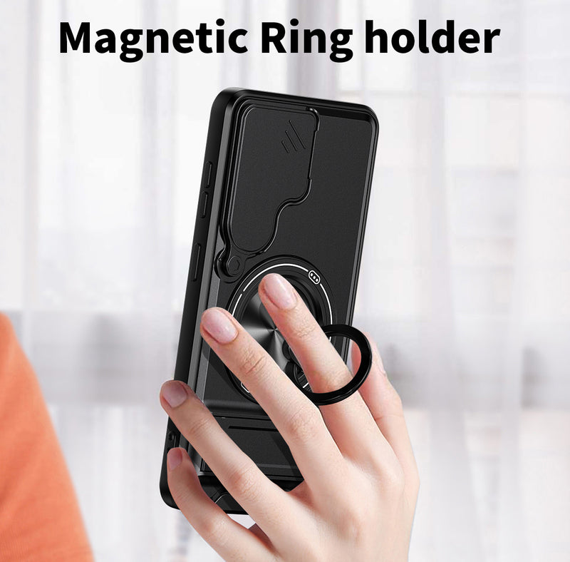 Luxury Slide Camera Lens Cover Case for Samsung Galaxy S26, Built-in Ring Stand and Folding Stand Magnetic Protective Case