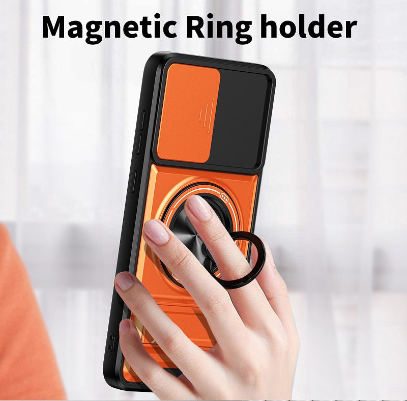 Luxury Slide Camera Lens Cover Case for Samsung Galaxy A05 4G, Built-in Ring Stand and Folding Stand Magnetic Protective Case