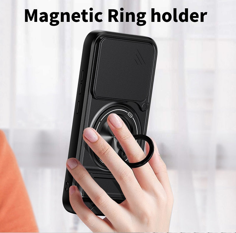 Luxury Slide Camera Lens Cover Case for Xiaomi Poco F8 Pro, Built-in Ring Stand and Folding Stand Magnetic Protective Case