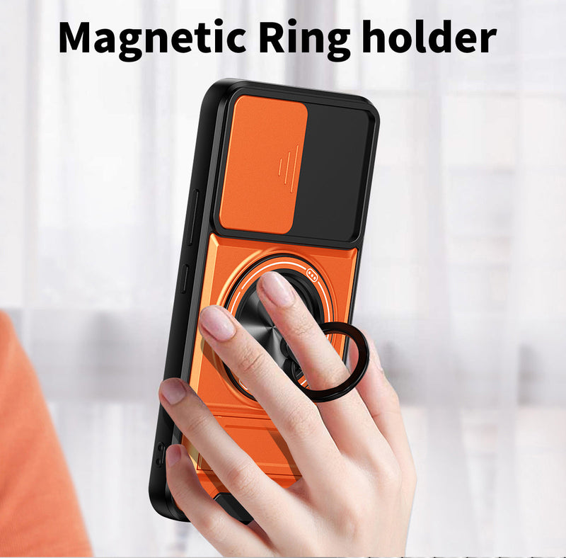 Luxury Slide Camera Lens Cover Case for Samsung Galaxy A54 5G, Built-in Ring Stand and Folding Stand Magnetic Protective Case