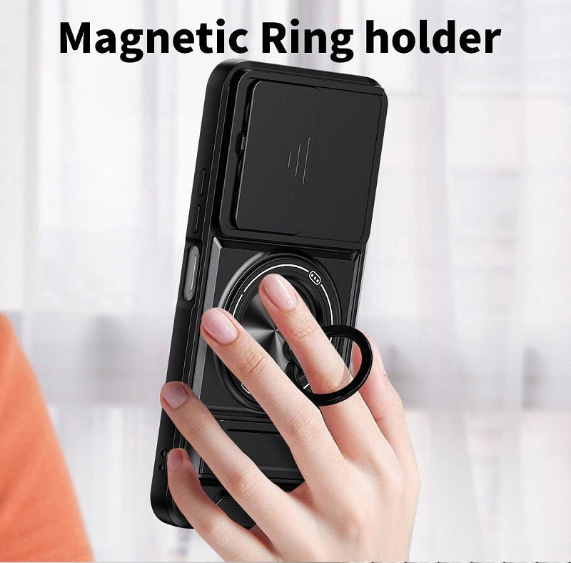 Luxury Slide Camera Lens Cover Case for Tecno Spark 40 4G, Built-in Ring Stand and Folding Stand Magnetic Protective Case